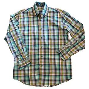 Alan Flusser Shirt Mens S Green Plaid Button Down Long Sleeve Casual 100% Cotton